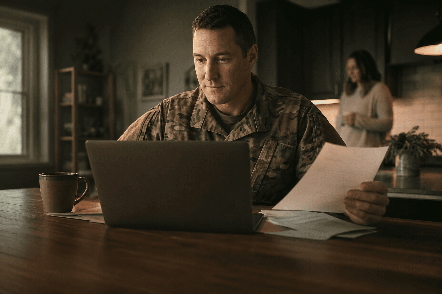 Service member in uniform connecting benefits and accounts at home